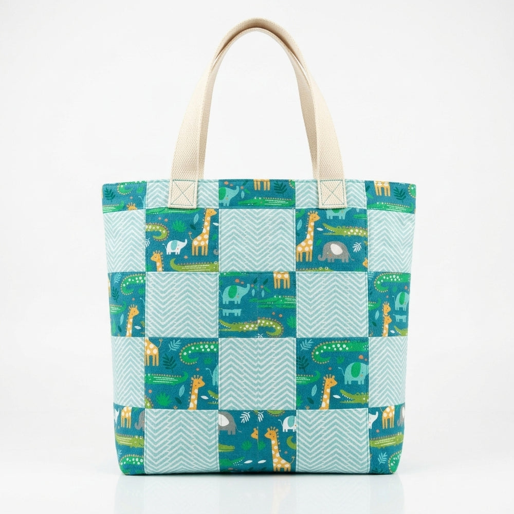 Blue Zoo Animals Herringbone Cotton Tote Bag - product photo