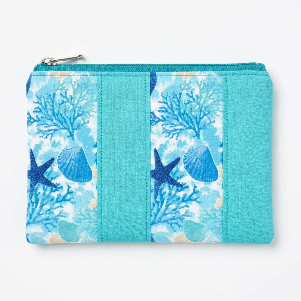 Turquoise Sea Life Small Zipper Pouch - Handmade Cotton Fabric - product photo