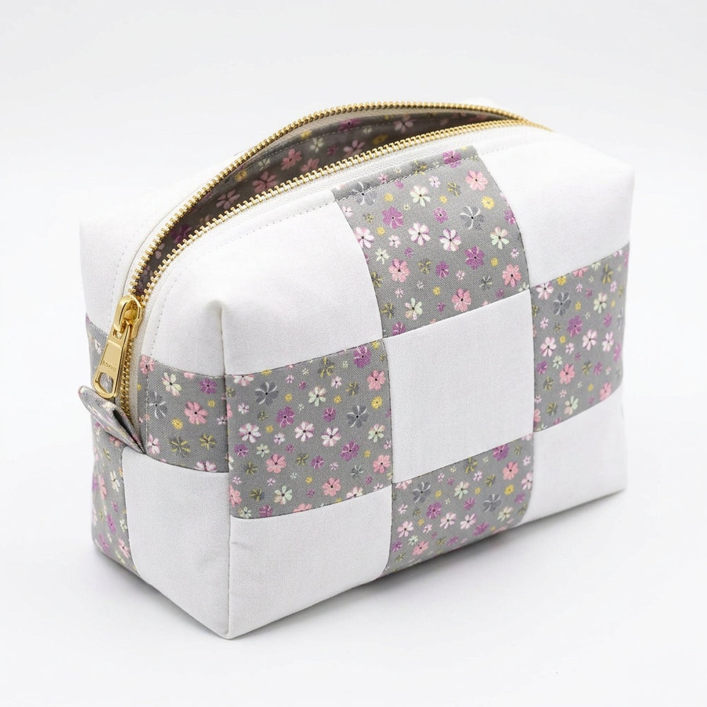Handmade Pink Gray Floral Cosmetic Bag with Snow White Cotton - product photo