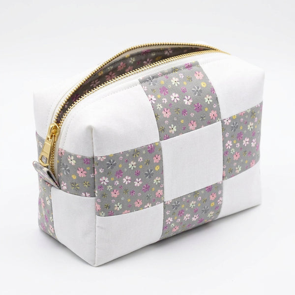 Handmade Pink Gray Floral Cosmetic Bag with Snow White Cotton - product photo